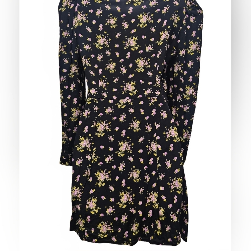 00107 Zara Floral Print Lavender Rose Mini Black Purple Long Sleeve Dress Medium - Picture 5 of 15